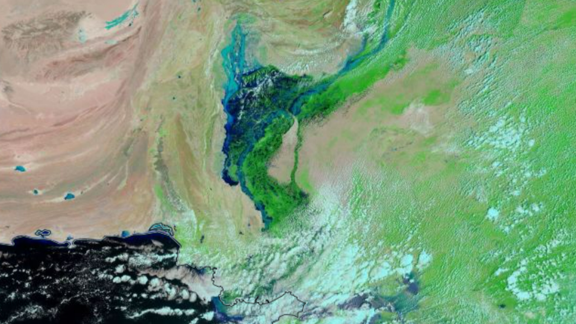 Months of severe monsoon rains have caused devastating floods across Pakistan and formed a massive inland lake that can be seen from space in satellite images.