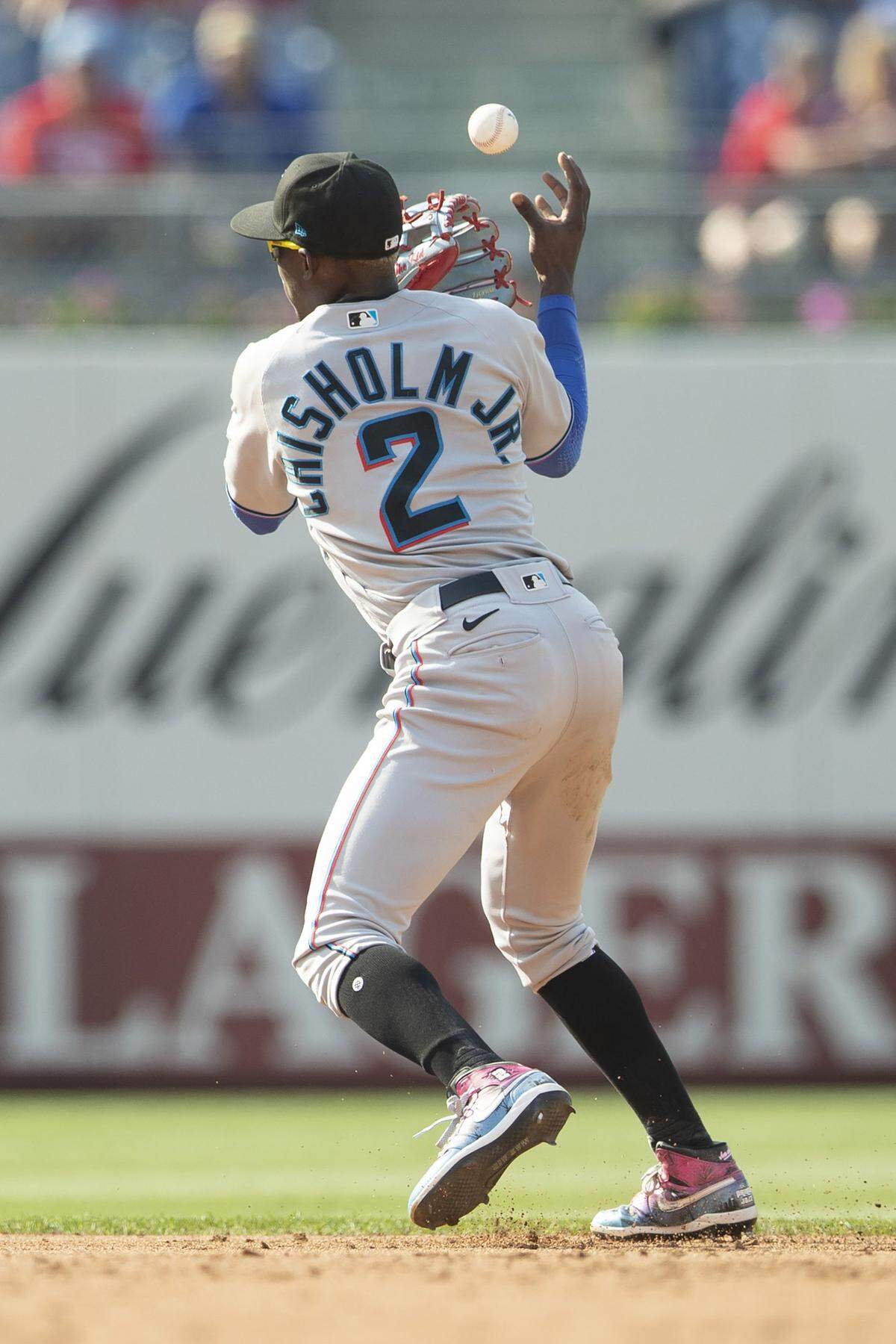 PHILADELPHIA, PA - JULY 16: Jazz Chisholm Jr. #2 of the Miami Marlins commits an error in the bottom of the third inning against the Philadelphia Phillies during Game One of the doubleheader at Citizens Bank Park on July 16, 2021 in Philadelphia, Pennsylvania. (Photo by Mitchell Leff/Getty Images)