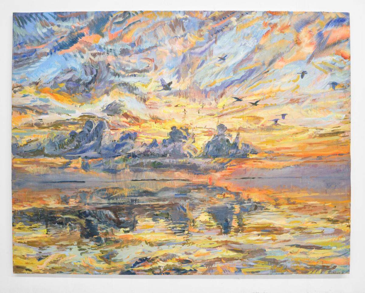 Magnus Sodamin, “Sun Shower (American Crocodile),” 2024. Oil on hemp, 69 x 89 in.