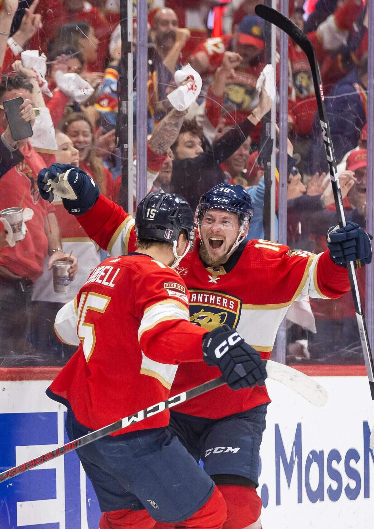 Florida Panthers right wing Vladimir Tarasenko (10) celebrates with center Anton Lundell (15) after scoring a goal against New York Rangers goaltender Igor Shesterkin (31) in the third period of Game 6 during the Eastern Conference finals of the NHL hockey Stanley Cup playoffs at the Amerant Bank Arena on Saturday, June 1, 2024, in Sunrise, Fla.