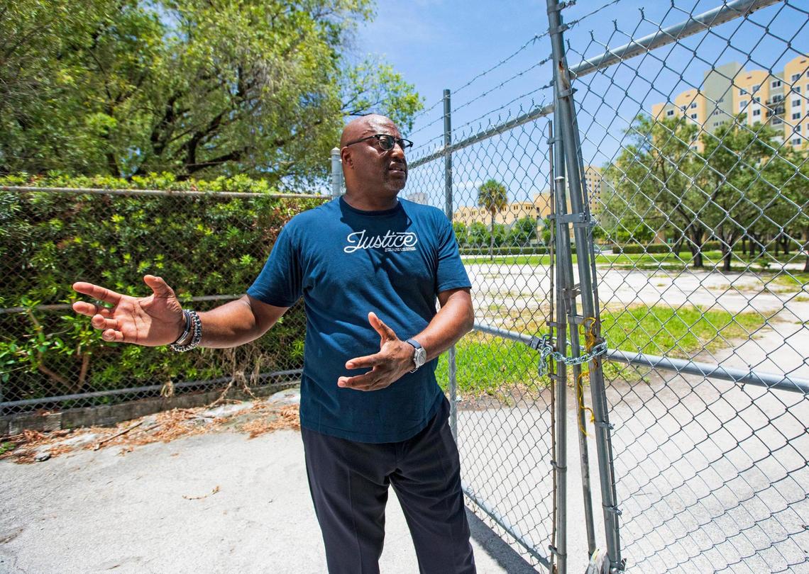 Bishop James D. Adams, pastor from the St. John Institutional Missionary Baptist Church, talks with the Miami Herald at one of the properties that David Beckham and partners may want as a back-up stadium site for their Inter Miami FC soccer team. The property is located at 566 NW 7th Ave., and Adams was photographed on Wednesday, June 23, 2021, in Miami, Florida.