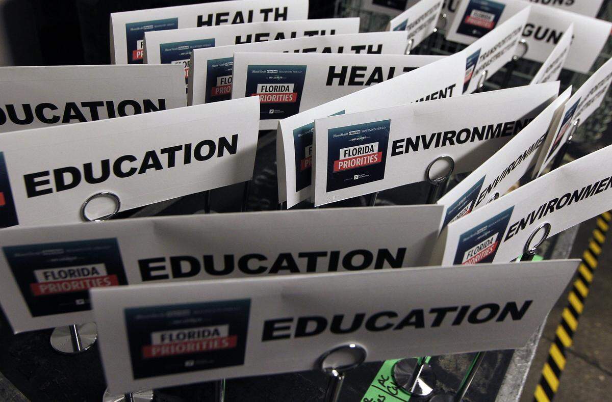 Signs of various topics of discussion are placed on a table at the Florida Priorities Summit, made up of Florida Influencers who are trying to solve some of the state’s biggest issues in education, healthcare, the environment, guns, and traffic. The group broke down into panels as part of the summit, held Tuesday and Wednesday at the University of Miami.