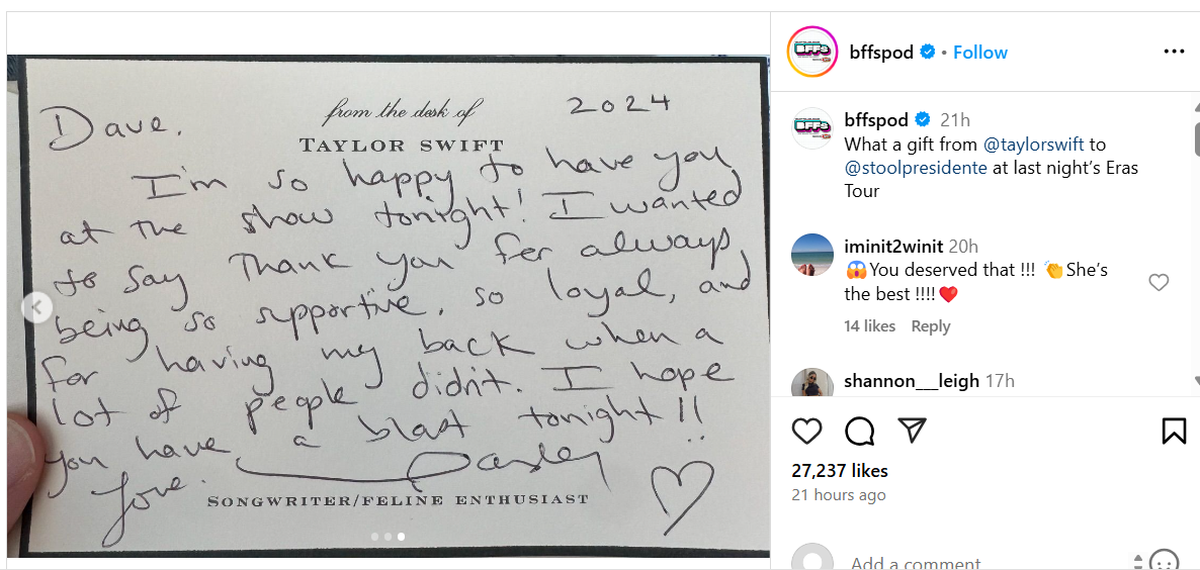 The note Taylor Swift reportedly had sent to Barstool Sports founder Dave Portnoy who attended Night 2 of her Eras tour concert at Hard Rock in Miami Gardens/BFFs podcast Instagram screenshot