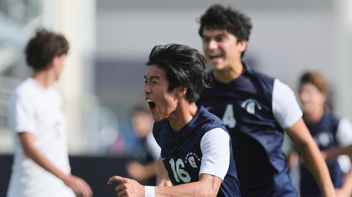 Gulliver Prep forward Taro Ochi (16) celebrates after scoring against Mater Lakes Academy during the first half of the boys regional championship game at Gulliver Prep in Miami, Florida on Wednesday, February 14, 2024.