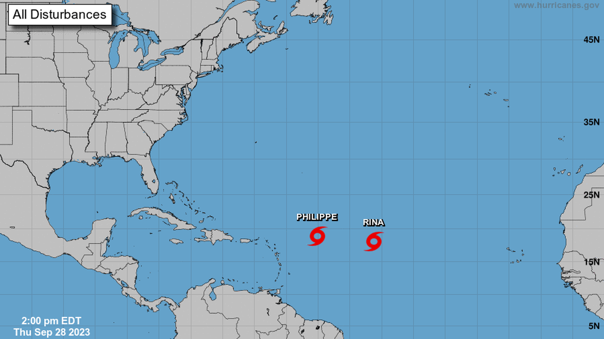 Tropical Storms Philippe and Rina are still moving through the tropical Atlantic Thursday.