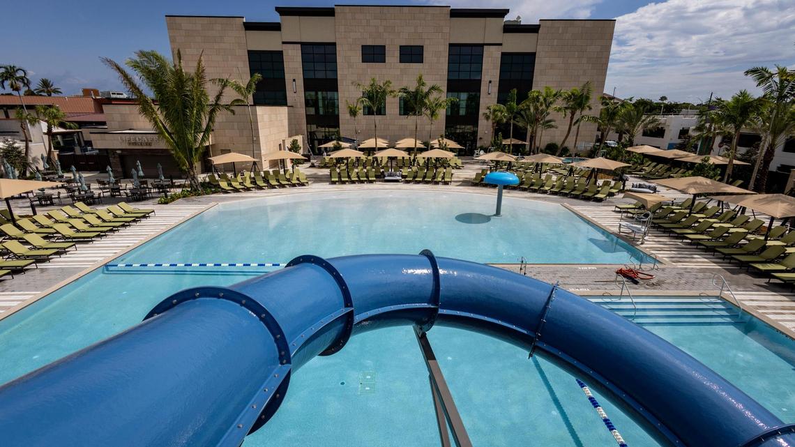 Country club and spa Life Time opens Friday at The Falls open-air mall in Kendall. This is a view of the outdoor saltwater pool from the top of the water slide.