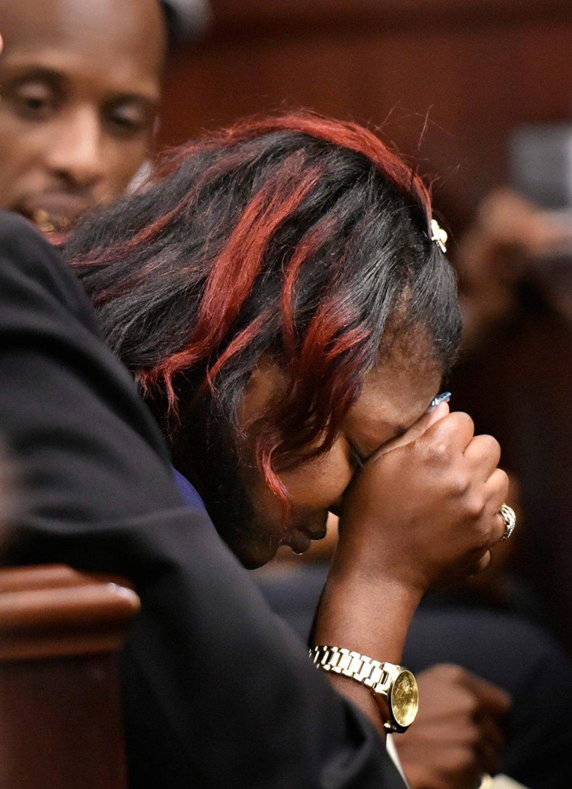 Shanara Mobley, mother of Kamiyah Mobley, cries before the sentencing hearing for Gloria Williams on May 3, 2018, at the Duval County Courthouse in Jacksonville, Florida.