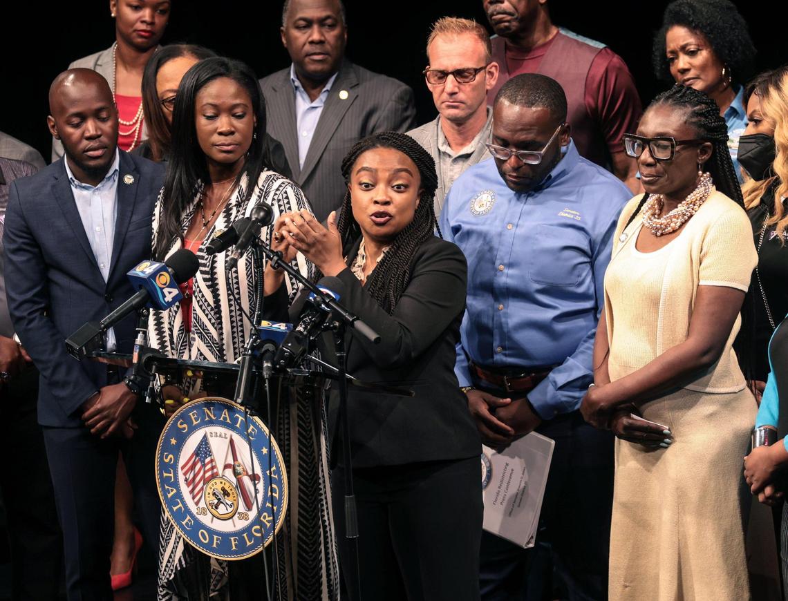 State Rep. Dottie Joseph speaks to the crowd at a press conference about congressional districts on Monday, April 22, 2022. Jones and other speakers called out Gov. Ron DeSantis, saying he intentionally wants to limit the number of primarily Black districts.