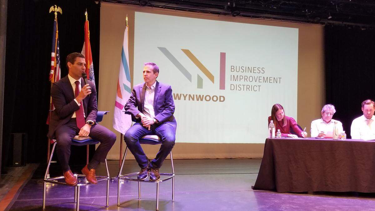Mayor Francis Suarez and Wynwood Business Improvement District (BID) chairman Albert Garcia during an emergency public meeting held Tuesday to discuss the future of the red-hot neighborhood.