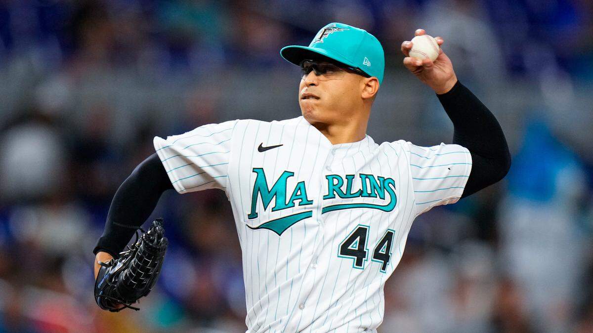 Jun 23, 2023; Miami, Florida, USA; Miami Marlins starting pitcher Jesus Luzardo (44) throws a pitch against the Pittsburgh Pirates during the first inning at loanDepot Park. Mandatory Credit: Rich Storry-USA TODAY Sports