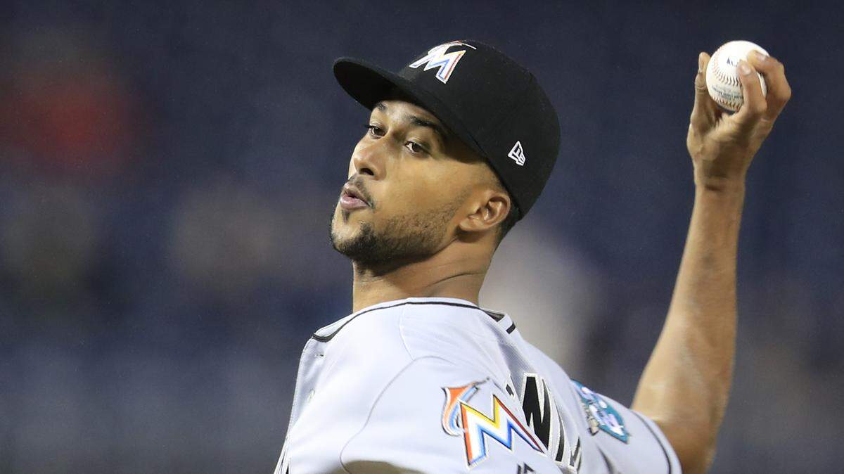 Miami Marlins starting pitcher Sandy Alcantara throws a pitch during the first inning against the Washington Nationals in Washington, Monday, Sept. 24, 2018.