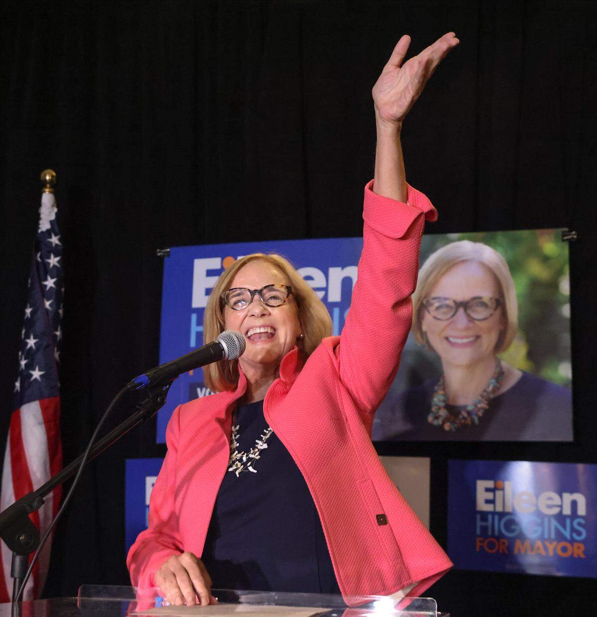Mayoral candidate Eileen Higgins, waves and thanks her staff and supporters as she advance to a runoff during her election watch party at the Yotel  in downtown Miami, Florida on election night Tuesday, November 4, 2025.