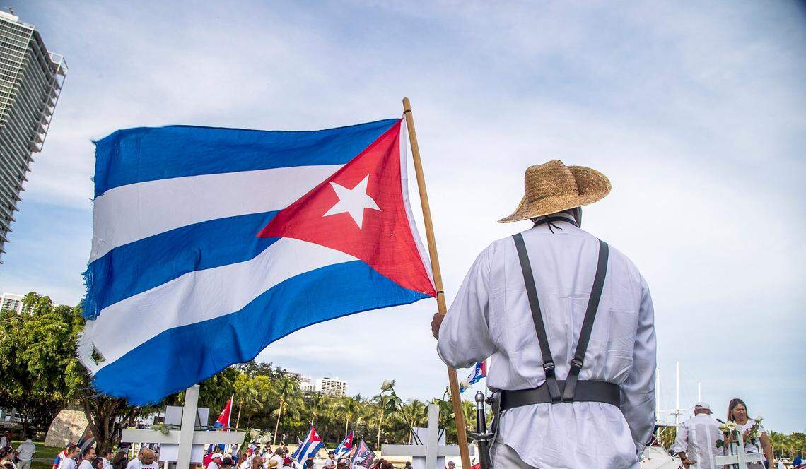 Cuban exile Santiago Ferran Barnet, dressed as a Mambí, attends a gathering organized by the Assembly of the Cuban Resistance through the streets of Miami, on Nov. 14 2021.
