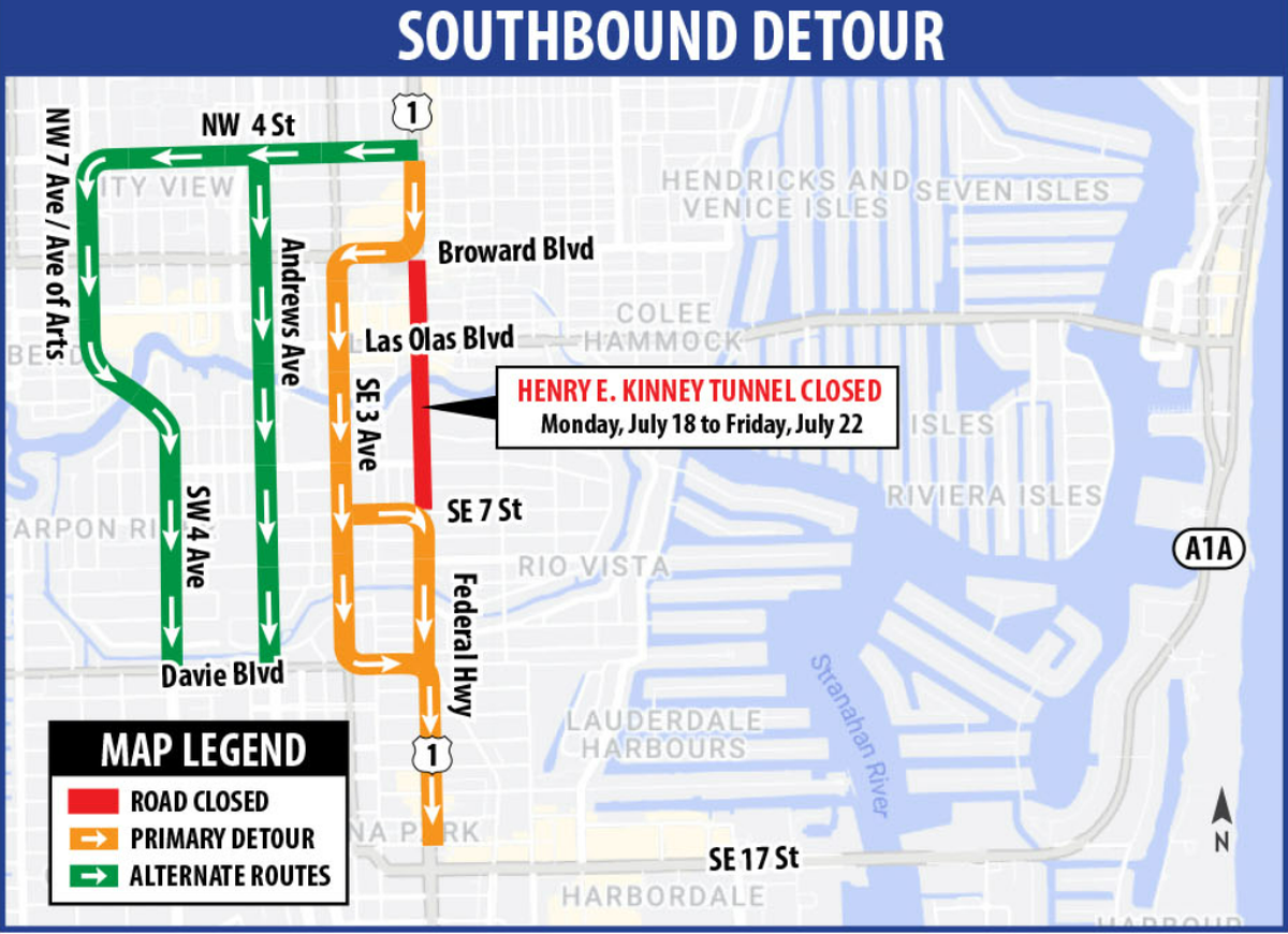 Possible detours if the Henry E. Kinney Tunnel in Downtown Fort Lauderdale is closed.
