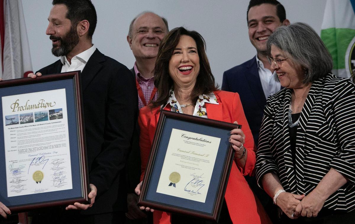 Christine Duffy, President of Carnival Cruise Line, center, during a ribbon cutting for Carnival’s newly redesigned and expanded Terminal F at PortMiami.