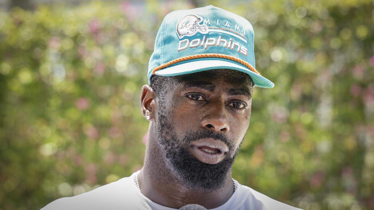 Miami Dolphins safety Marcus Maye (46) speaks to reporters after practice at Baptist Health Training Complex in Miami Gardens, Florida, on Wednesday, July 24, 2024.