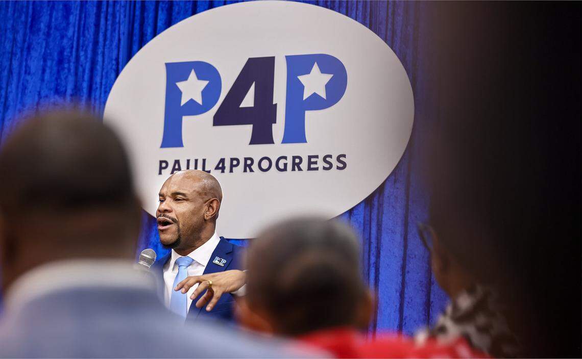 Paul Wilson gives his remarks regarding his run for city council of Miami Gardens in a pack room of supporters, friends, and family members while he launched his bid to run for a council seat in Miami Gardens on Tuesday, February 10, 2026, at the event space Oasis in Miami Gardens, Florida.