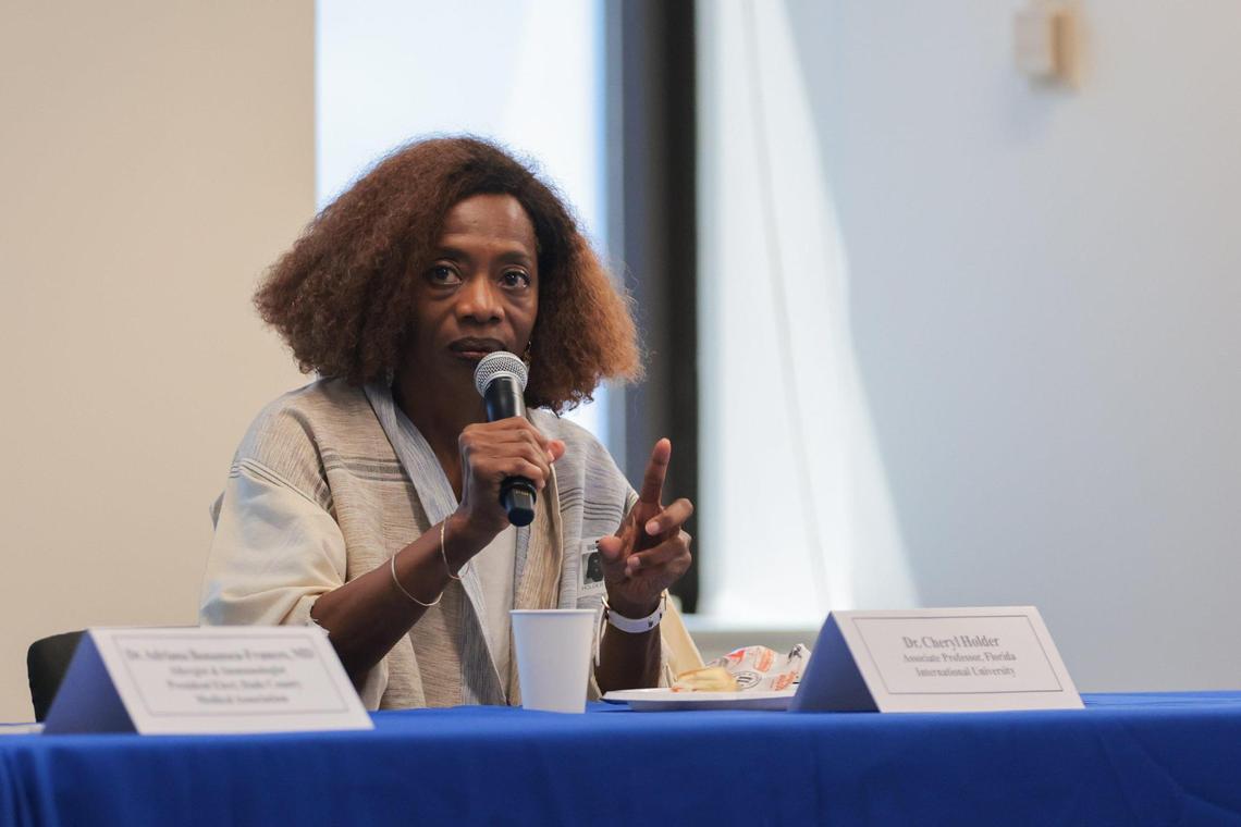 Florida International University Professor Dr. Cheryl Holder speaks during a roundtable discussion on water fluoridation at the Stephen P. Clark Government Center in downtown Miami on Monday, April 7, 2025.