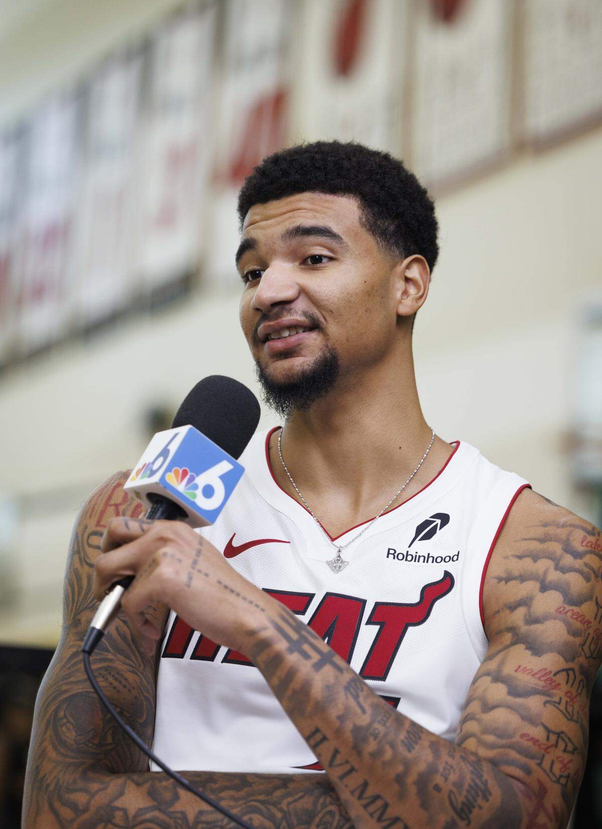 Kel'el Ware (7) talks during an interview at the Miami HEAT Media Day on Monday, Sept. 29, 2025, at the Kaseya Center in downtown Miami, Fla. 
