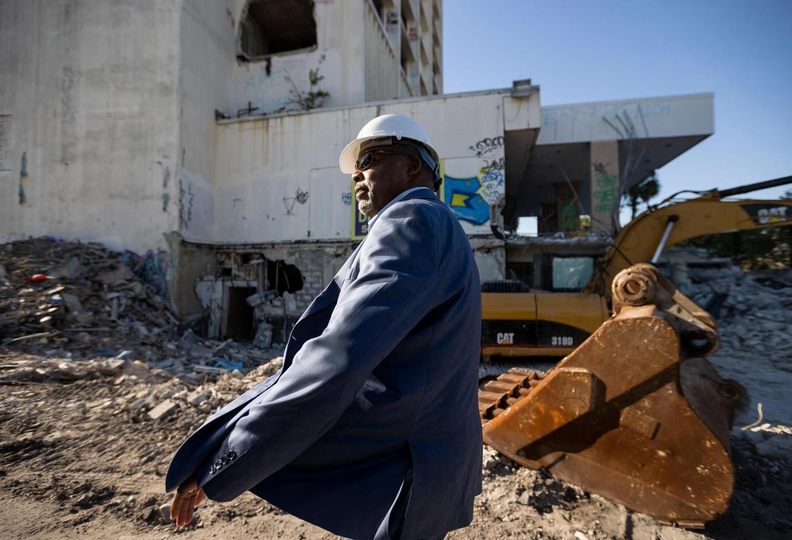 Miami Gardens Mayor Rodney Harris visits the site of the former Parkway Medical Center West near the Palmetto Expressway on Tuesday, Feb. 28, 2023, in Miami Gardens, Fla. The 11-story building will be replaced with a hotel that features a convention center and a wedding venue.
