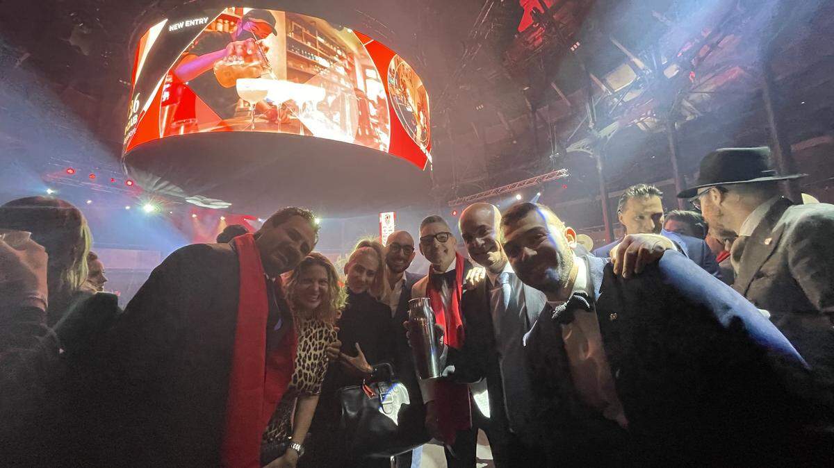 The team from Café La Trova celebrates its win at World’s 50 Best Bars Live ceremony in London on Tuesday night.