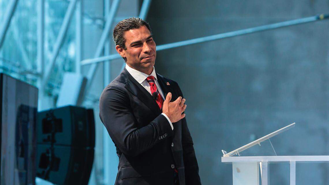 Miami Mayor Francis Suarez reacts during his first speech as a candidate for the 2024 Republican presidential nomination at the Ronald Reagan Presidential Library in Simi Valley, California on Thursday, June 15, 2023.
