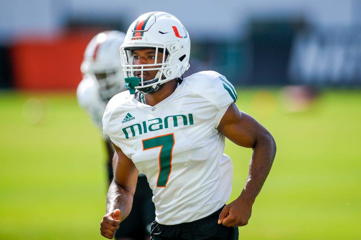 Miami Hurricanes cornerback Al Blades Jr. (7) during spring practice at the University of Miami campus in Coral Gables, Florida, on Friday, March 11, 2022.