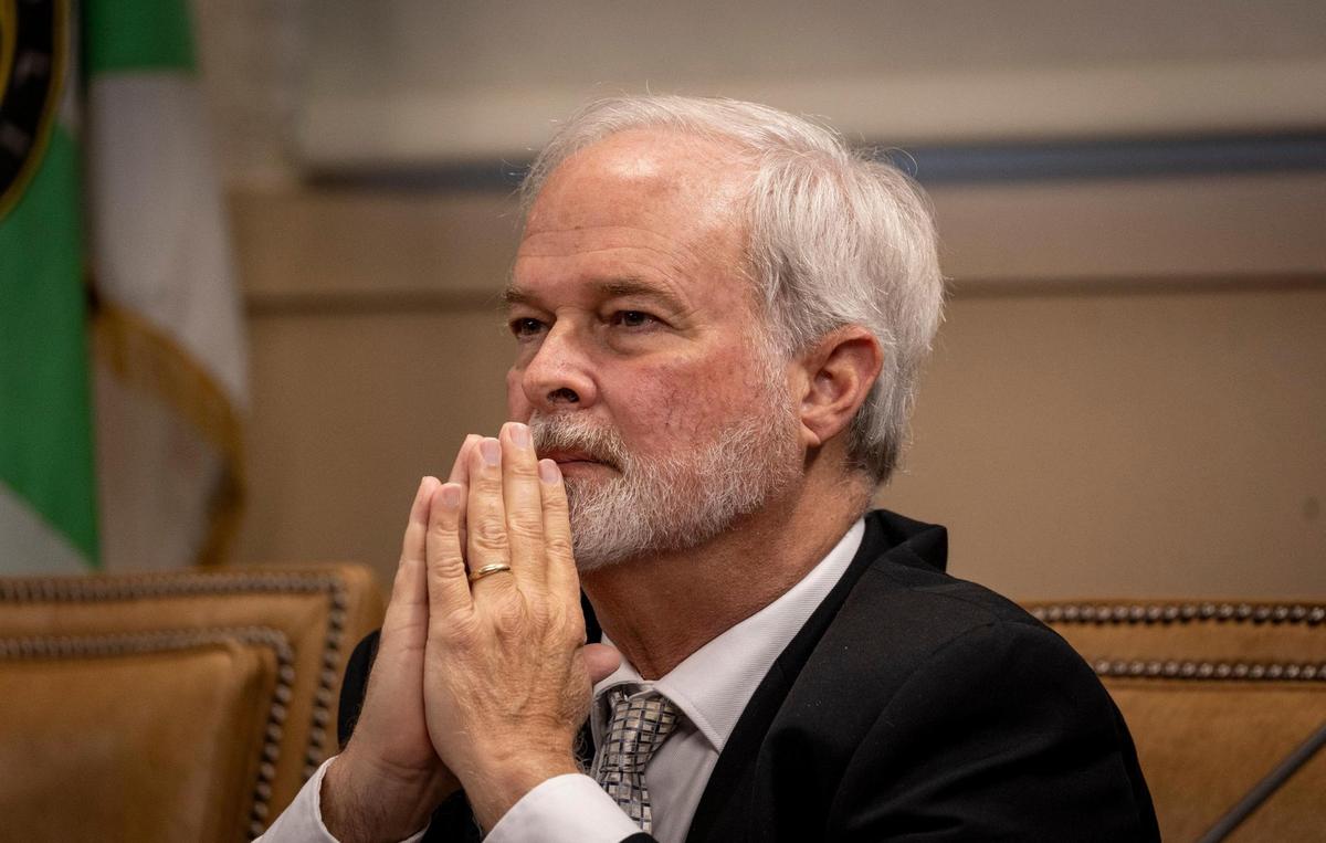 Coral Gables Commissioner Kirk Menendez listens to fellow commissioners’ comments regarding the removal of City Manager Peter Iglesias during the Coral Gables Commission meeting on February 13, 2024.