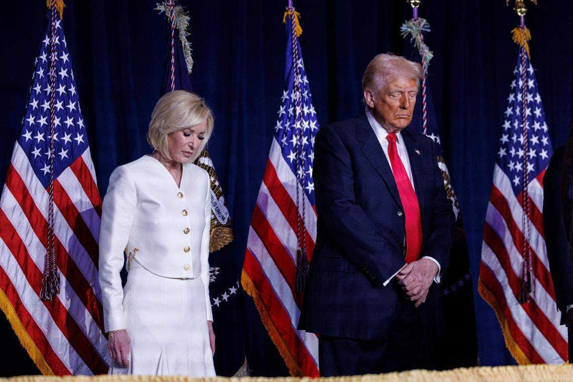 President Donald Trump participates in a prayer with Paula White (left) at the National Prayer Breakfast at the Washington Hilton in Washington DC, on Thursday, February 6th 2025. (Photo by Aaron Schwartz/Sipa USA)