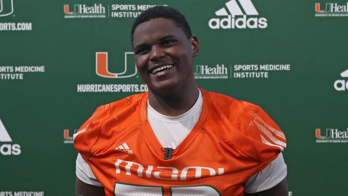 Miami Hurricanes offensive linemen Jakai Clark talks to the media after practice at the University of Miami Greentree Practice Field in Coral Gables on Thursday, August 8, 2019.