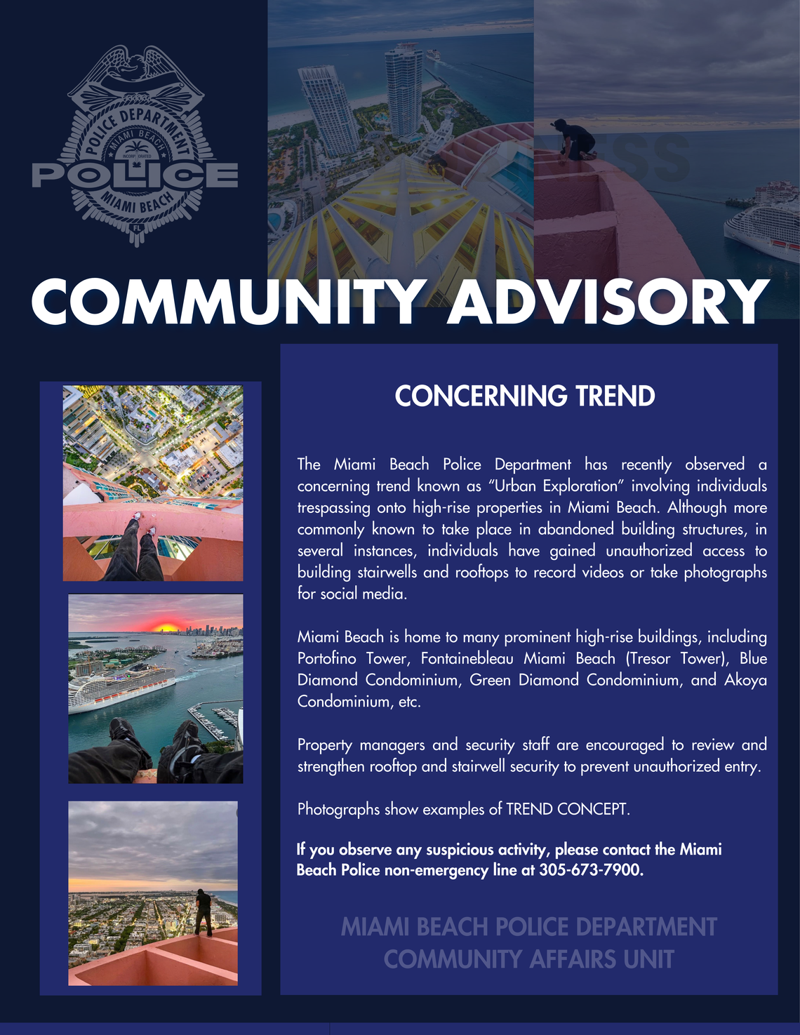 A flyer distributed by Miami Beach police calls on property managers to secure their buildings to prevent a trend of “urban exploration.”