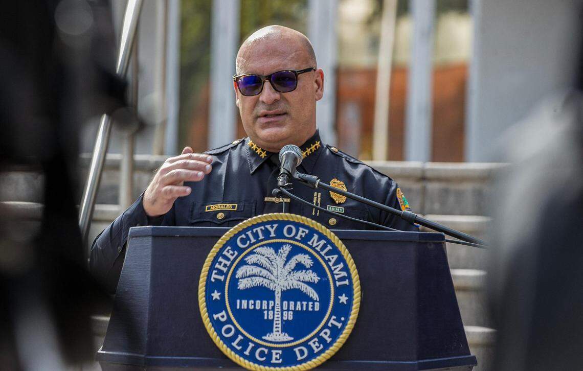 City of Miami Chief of Police Manny Morales speaks during a press conference with Mayor Francis Suarez to announce a record-breaking reduction in murders and in violent crime rates in 2023. The presser took place at the Miami police headquarters in downtown Miami, Jan.10, 2024.