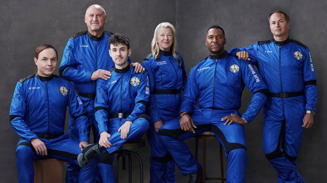 The crew of the third Blue Origin mission, from left, Dylan Taylor, Lane Bess, Cameron Bess, Laura Shepard Churchley, Michael Strahan, and Evan Dick.