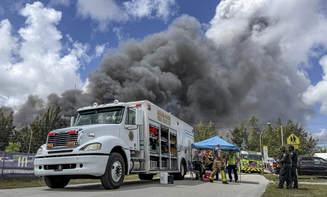 A massive warehouse blaze near Miami Gardens prompted multiple Miami-Dade Fire Rescue units to respond on Thursday March 5, 2026. 