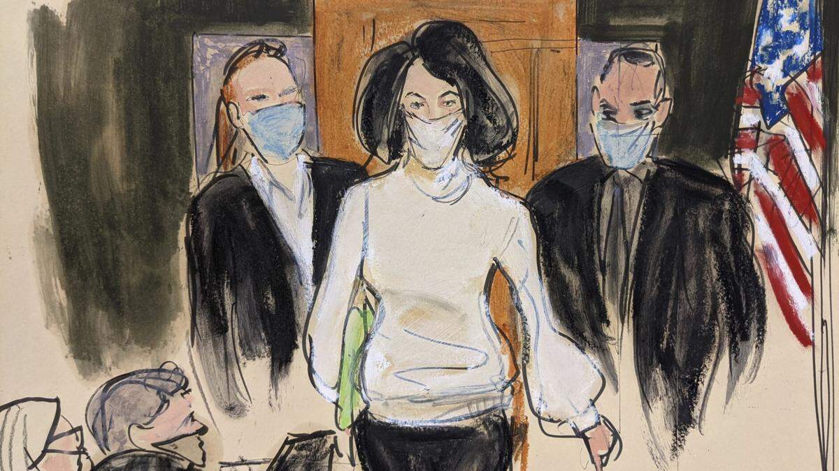Ghislaine Maxwell, in an artist’s rendering, on day one of her sex trafficking trial.