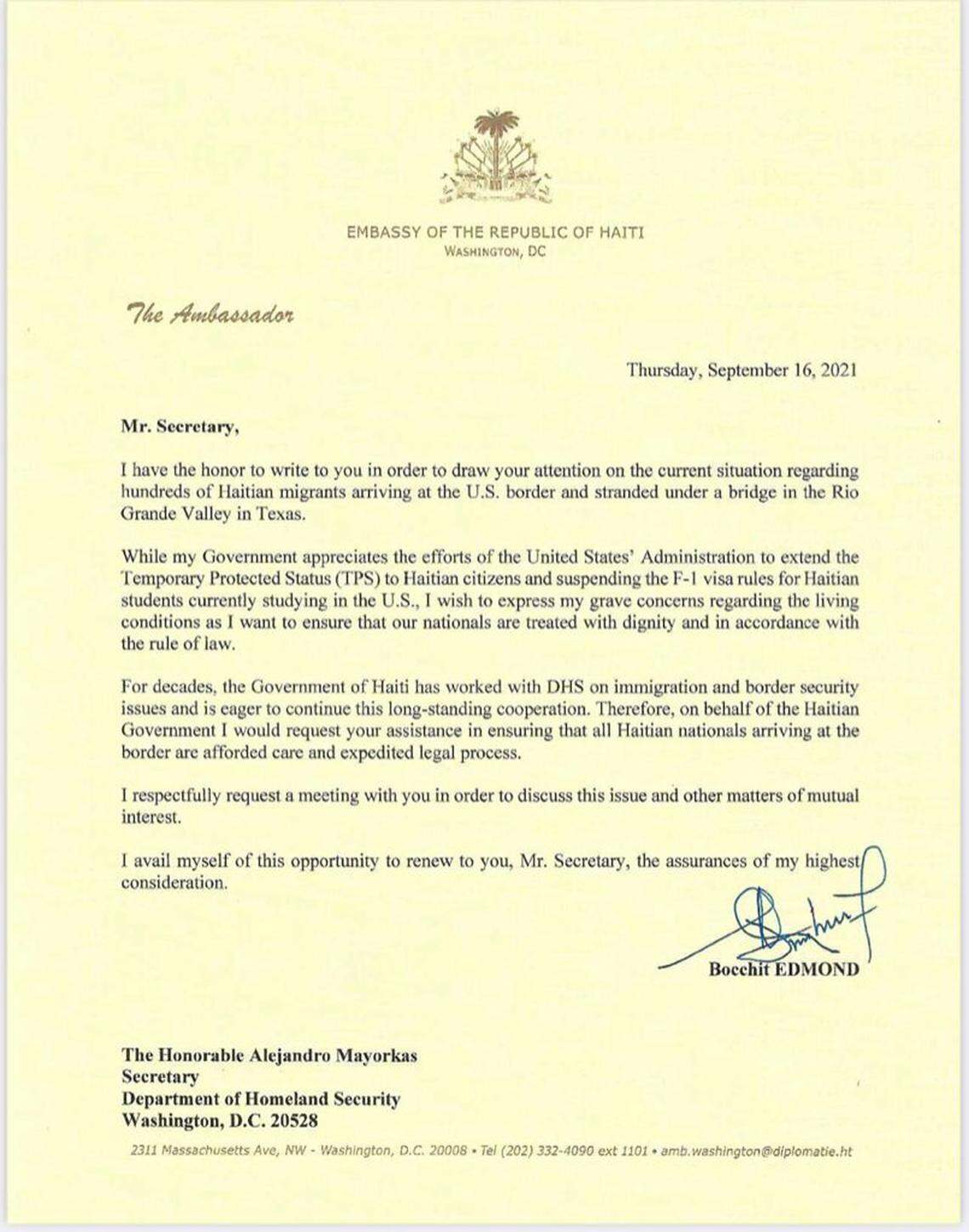 Haiti Ambassador to the U.S. Bocchit Edmond’s letter to Department of Homeland Security Alejandro Mayorkas asking that Haitian nationals at the southwest border be treated with dignity and in accordance with the rule of law.