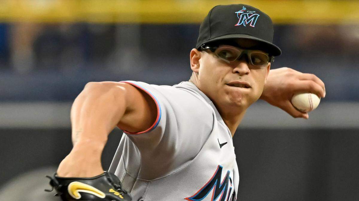 Miami Marlins starter Jesus Luzardo pitches against the Tampa Bay Rays during the first inning of a baseball game Sunday, Sept. 26, 2021, in St. Petersburg, Fla. (AP Photo/Steve Nesius)