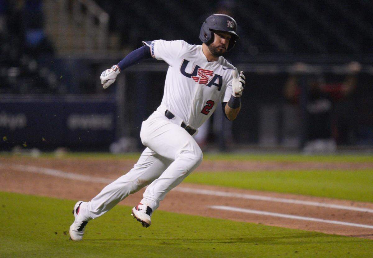 Eddy Alvarez, #2 of the United States, runs the bases after hitting an RBI triple in the sixth inning against Canada during the WBSC Baseball Americas Qualifier Super Round at The Ballpark of the Palm Beaches on June 4, 2021, in West Palm Beach, Florida.