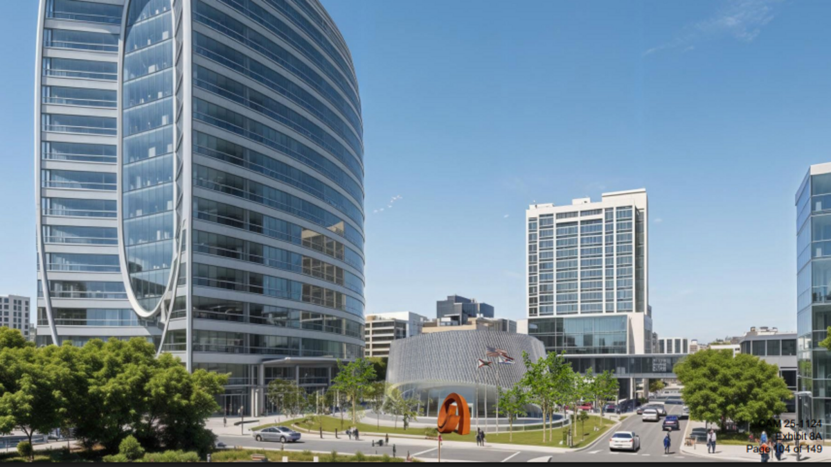 A rendering of a new city hall for Fort Lauderdale designed by City Hall Partners, a team that includes CORE Construction, Stiles Corp., Plenary Americas U.S. Holdings, PGAL and the PALMA architectural firm.