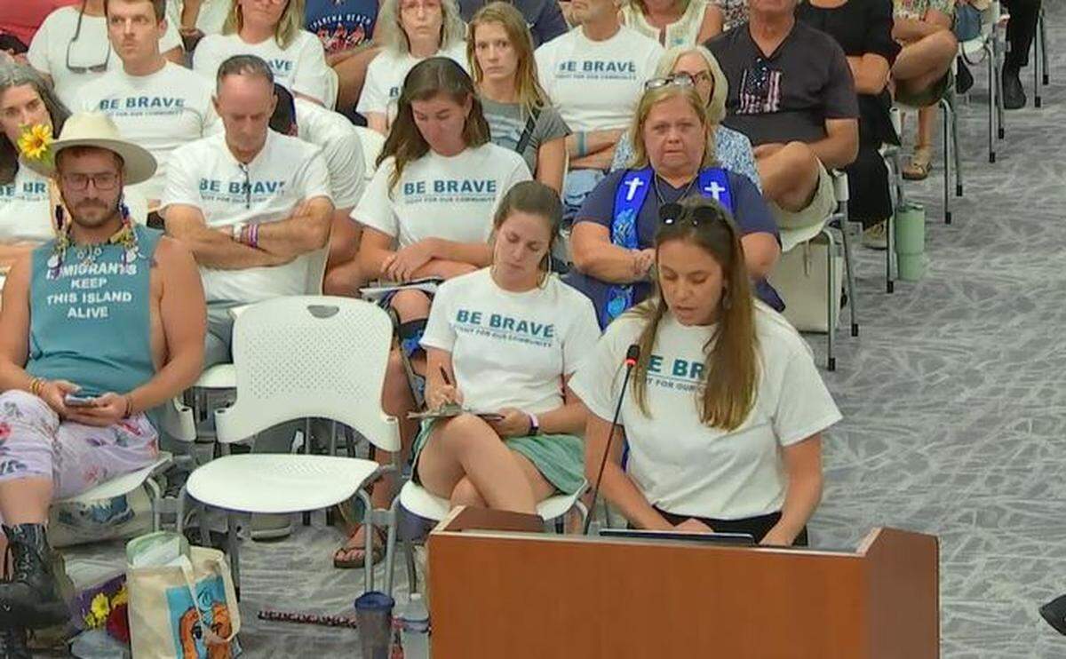 Lucy Hawk speaks at a July 8, 2025, Key West City Commission meeting regarding an agreement with U.S. Customs and Immigration Enforcement.