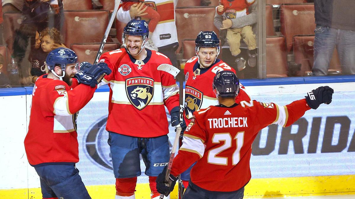 Florida Panthers center Aleksander Barkov (16) (second from left ) celebrates his second period goal with teammates as the Florida Panthers host the Ottawa Senators at the BB&T Center on Sunday, November 11, 2018.
