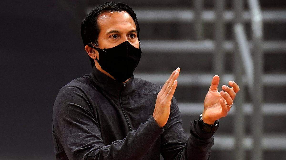 Miami Heat head coach Erik Spoelstra reacts during the first half of an NBA basketball game against the Toronto Raptors Wednesday, Jan. 20, 2021, in Tampa.