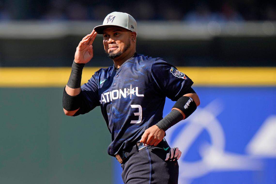 National League second baseman&nbsp;Luis Arraez&nbsp;of the Miami Marlins (3) takes the field before the game at T-Mobile Park.