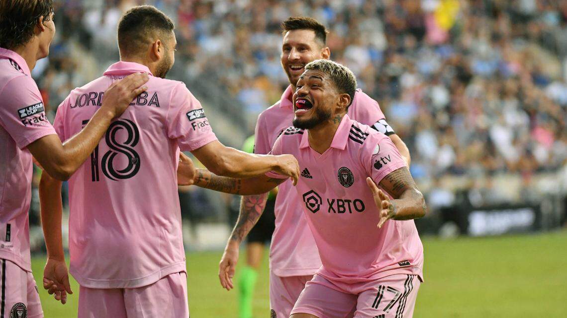 Inter Miami CF forward Josef Martinez (17) and forward Lionel Messi (10) congratulates defender Jordi Alba (18) after he scored a goal against the Philadelphia Union during the first half at Subaru Park.