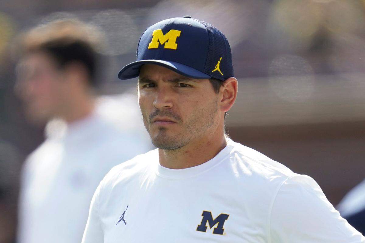 Michigan defensive coordinator Mike Macdonald watches against Northern Illinois in the first half of an NCAA college football game in Ann Arbor, Mich., Saturday, Sept. 18, 2021.