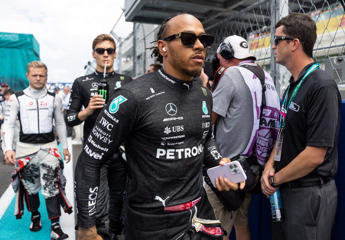 British Formula One driver Lewis Hamilton at the start of the Formula One Miami Grand Prix at the Miami International Autodrome on Sunday, May 7, 2023, in Miami Gardens, Fla.