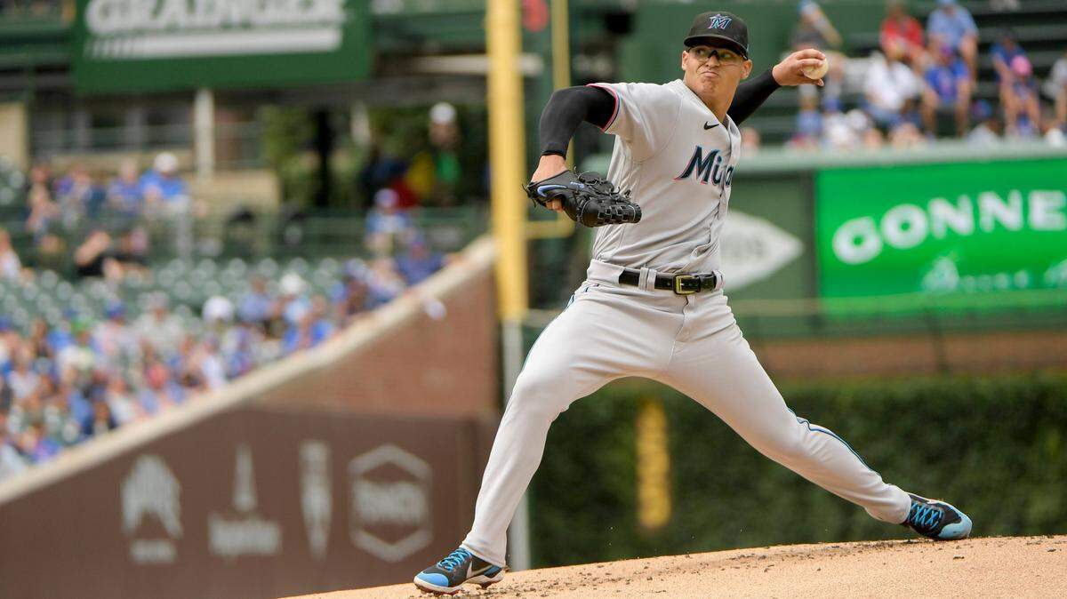 Miami Marlins starting pitcher Jesus Luzardo throws against the Chicago Cubs during the first inning of a baseball game, Sunday, Aug. 7, 2022, at Wrigley Field in Chicago. (AP Photo/Mark Black)