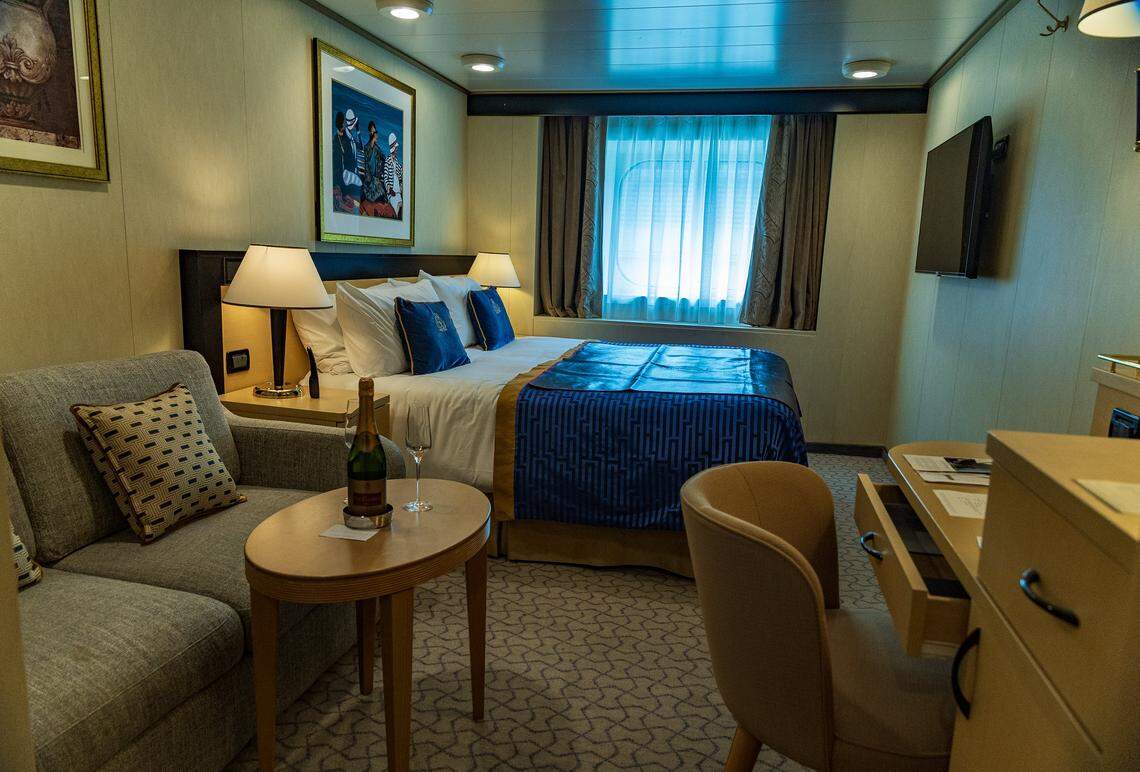 View of a Queens Grill cabin inside of the Cunard cruise ship Queen Elizabeth', as it sits docked at PortMiami on Thursday, Oct. 16, 2025, in Miami. The vessel arrived around 6 a.m. and will be based in Miami for six months, offering voyages to the Caribbean. After tours and festivities, the ship is scheduled to depart later Thursday on its inaugural 12-night Caribbean cruise.