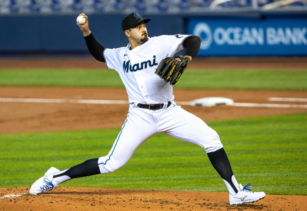 Miami Marlins pitcher Pablo Lopez&nbsp;(49) throws the ball during the first inning of an MLB game against the San Francisco Giants at loanDepot park in the Little Havana neighborhood of Miami, Florida, on Sunday, April 18, 2021.