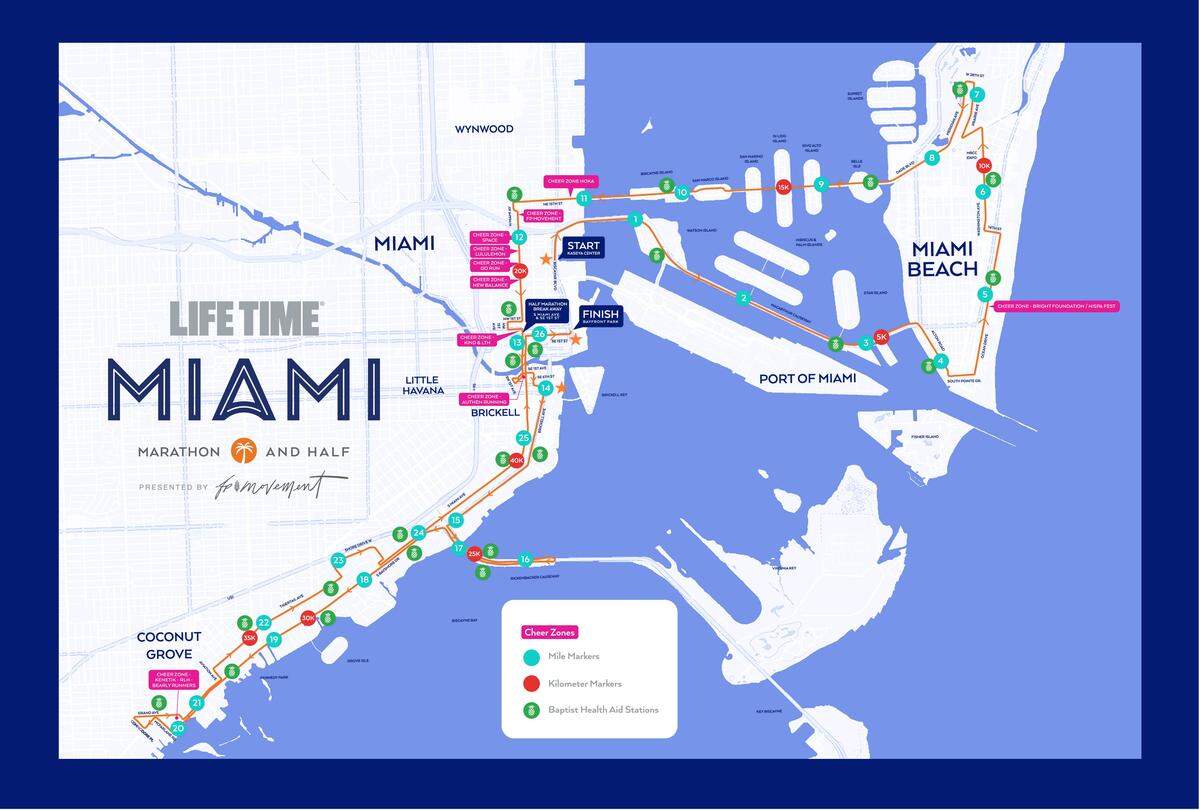 Life Time Miami Marathon and Half cheer stations map for the race on Jan. 25, 2026.